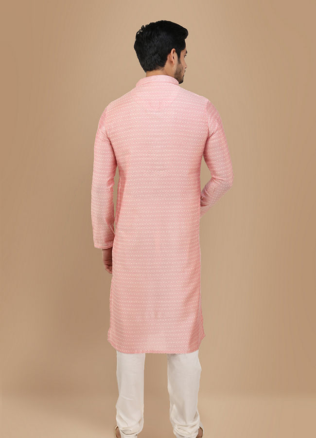 Manyavar Men Salmon Pink Self Texture Kurta Set