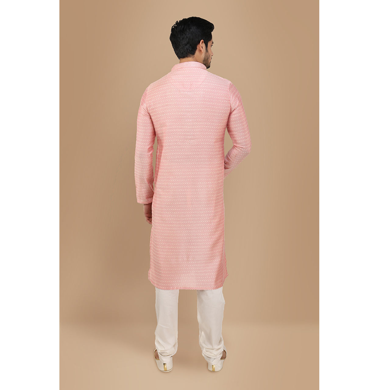 Manyavar Men Salmon Pink Self Texture Kurta Set