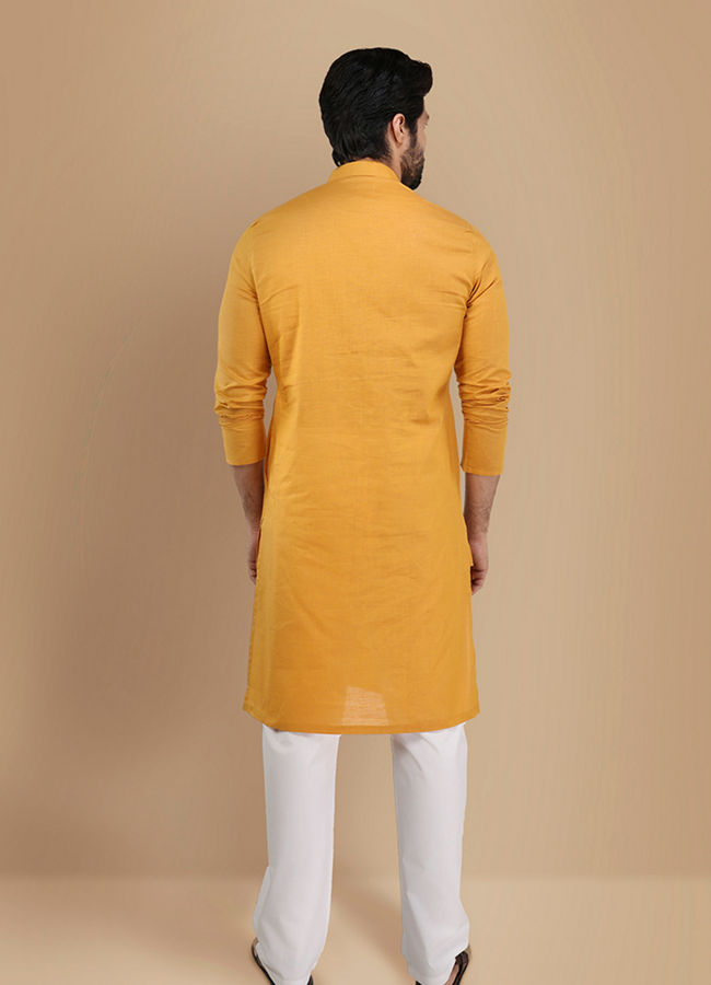 Manyavar Men Mustard Yellow Solid Kurta
