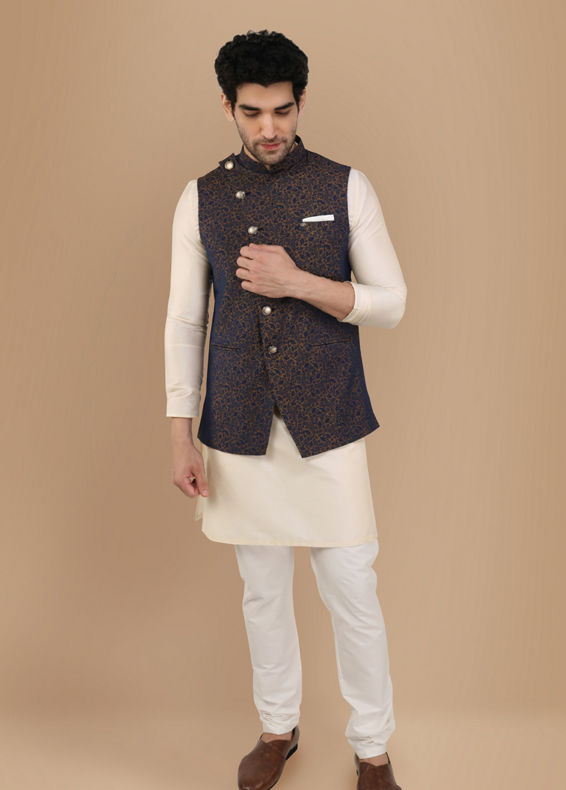 Manyavar Men Blue Printed Angrakha Style Jacket