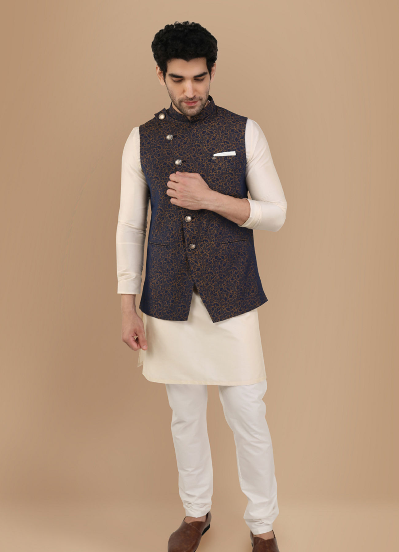 Manyavar Men Blue Printed Angrakha Style Jacket