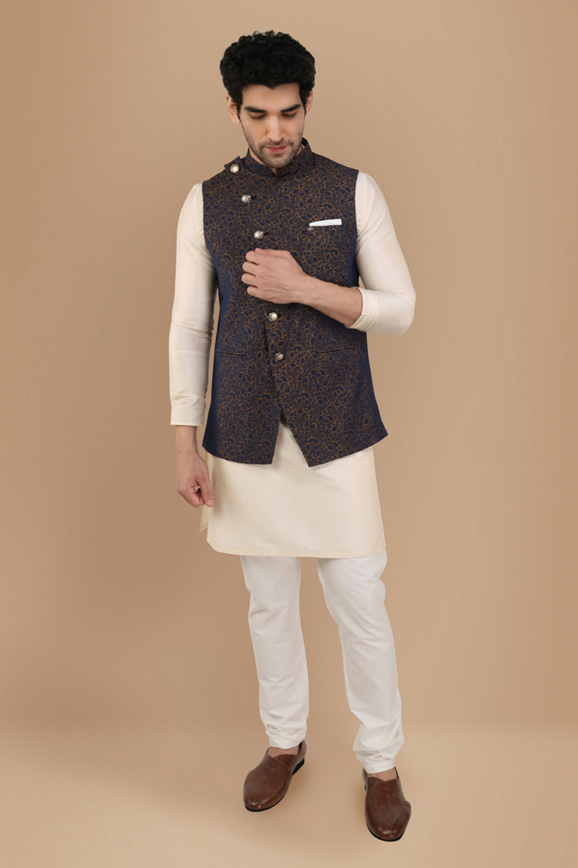 Manyavar Men Blue Printed Angrakha Style Jacket