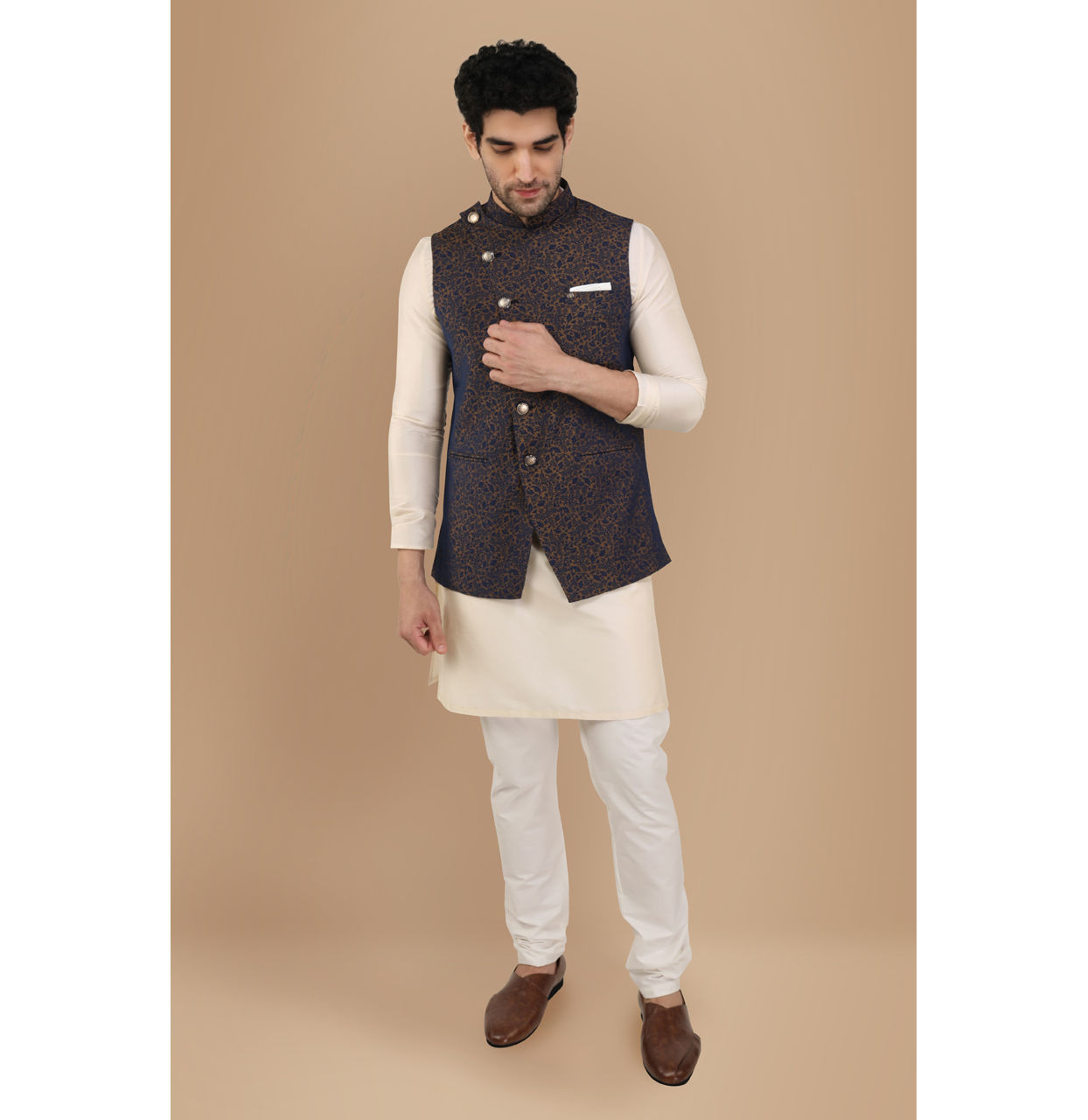 Manyavar Men Blue Printed Angrakha Style Jacket