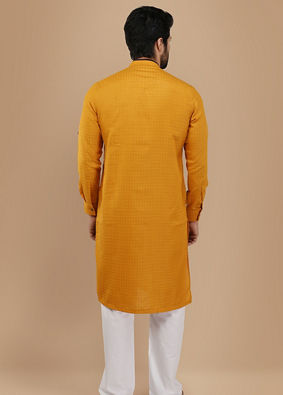 alt message - Manyavar Men Mustard Yellow Self Design Asymmetrical Kurta image number 2