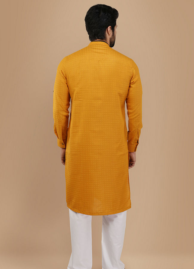 alt message - Manyavar Men Mustard Yellow Self Design Asymmetrical Kurta image number 2