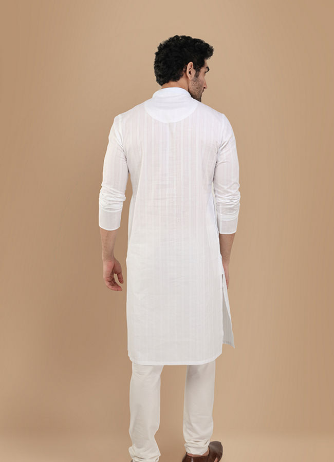 Manyavar Men Pearl White Self Striiped Kurta Set