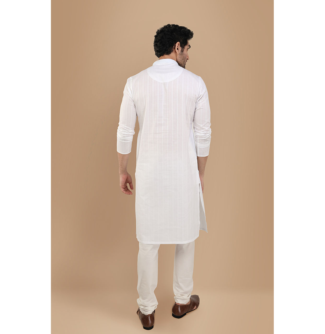 Manyavar Men Pearl White Self Striiped Kurta Set