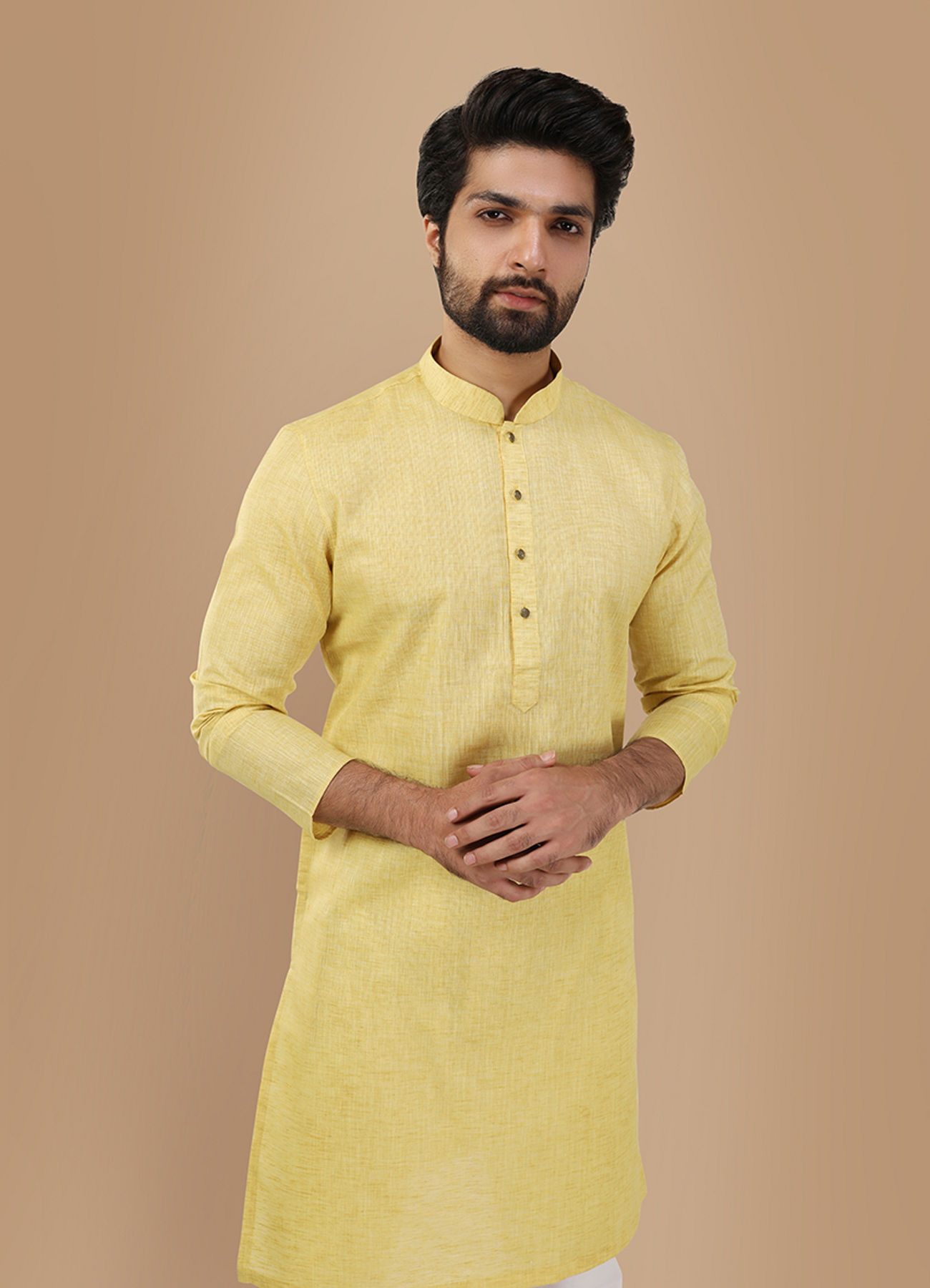 Manyavar Men Faded Yellow Solid Kurta