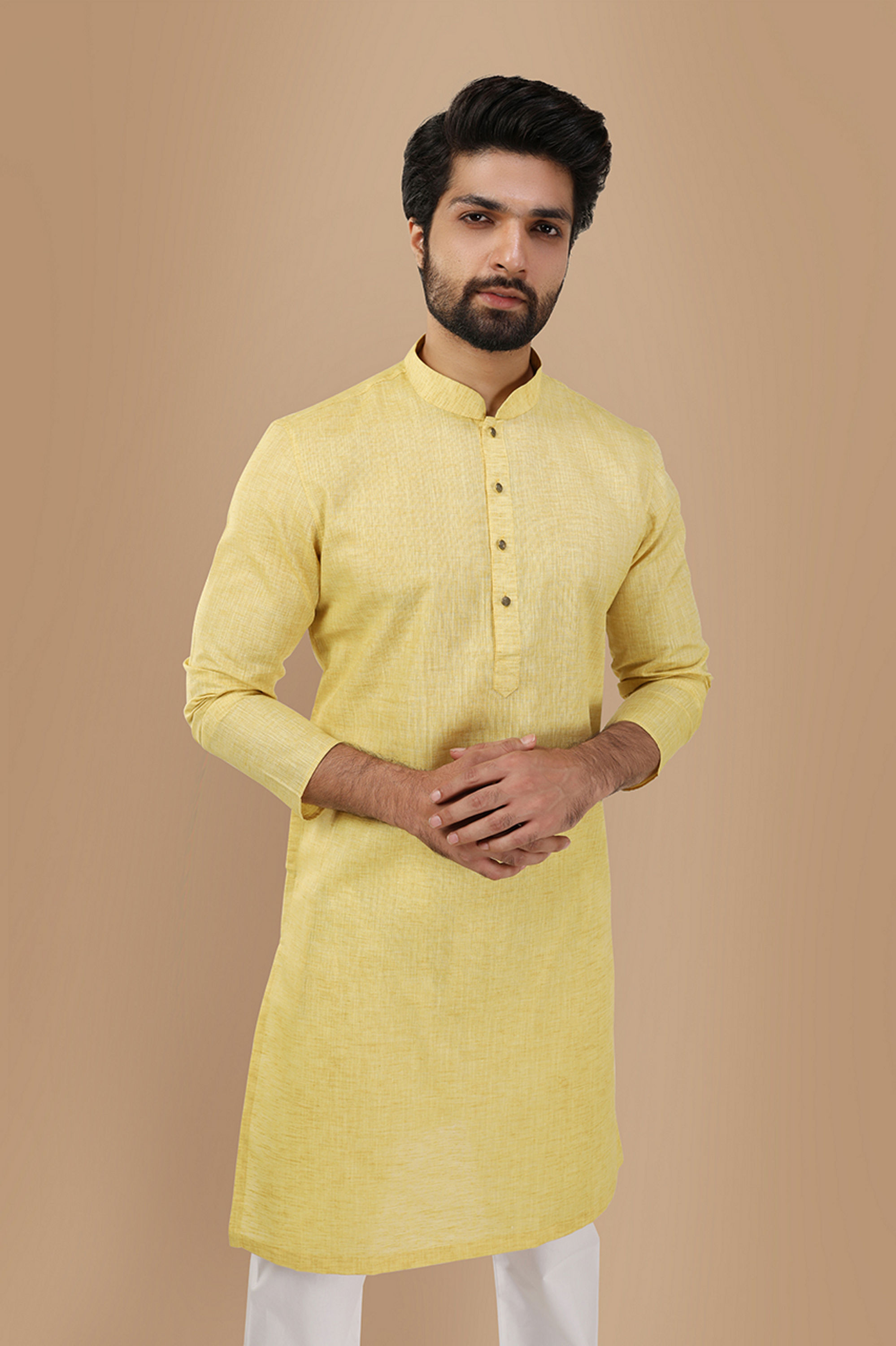 Manyavar Men Faded Yellow Solid Kurta