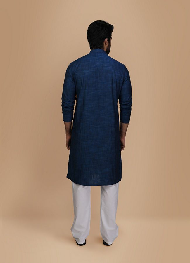 Manyavar Men Minimalist Blue Cotton Blend Kurta