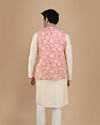 alt message - Manyavar Men Peach And Cream Festive Kurta Jacket With Floral Detailing image number 2