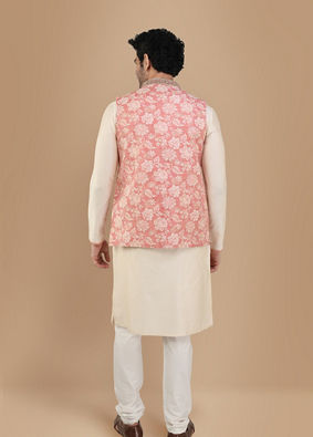 alt message - Manyavar Men Peach And Cream Festive Kurta Jacket With Floral Detailing image number 2