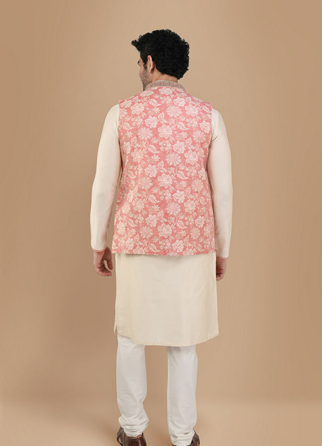 alt message - Manyavar Men Peach And Cream Festive Kurta Jacket With Floral Detailing image number 2