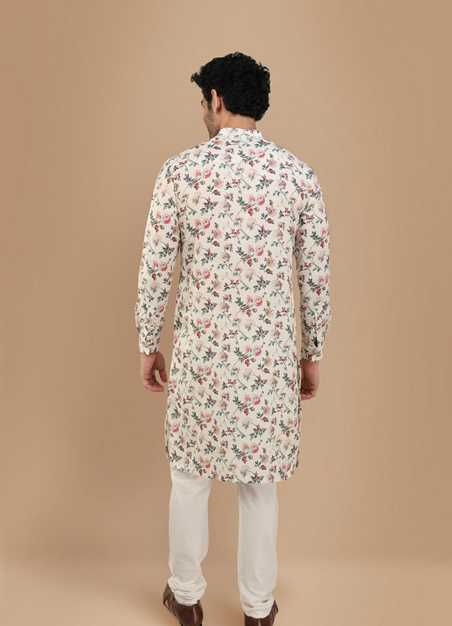 Manyavar Men Off White Side Open Floral Print Kurta