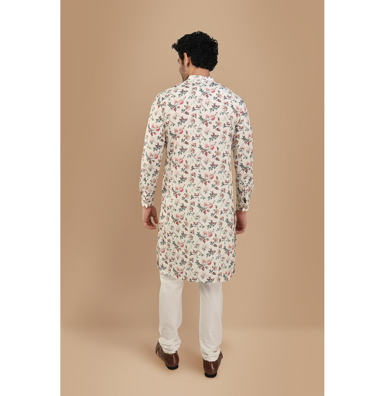 Manyavar Men Off White Side Open Floral Print Kurta