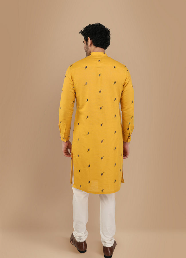 Manyavar Men Mustard Yellow Thread Embroidered Kurta