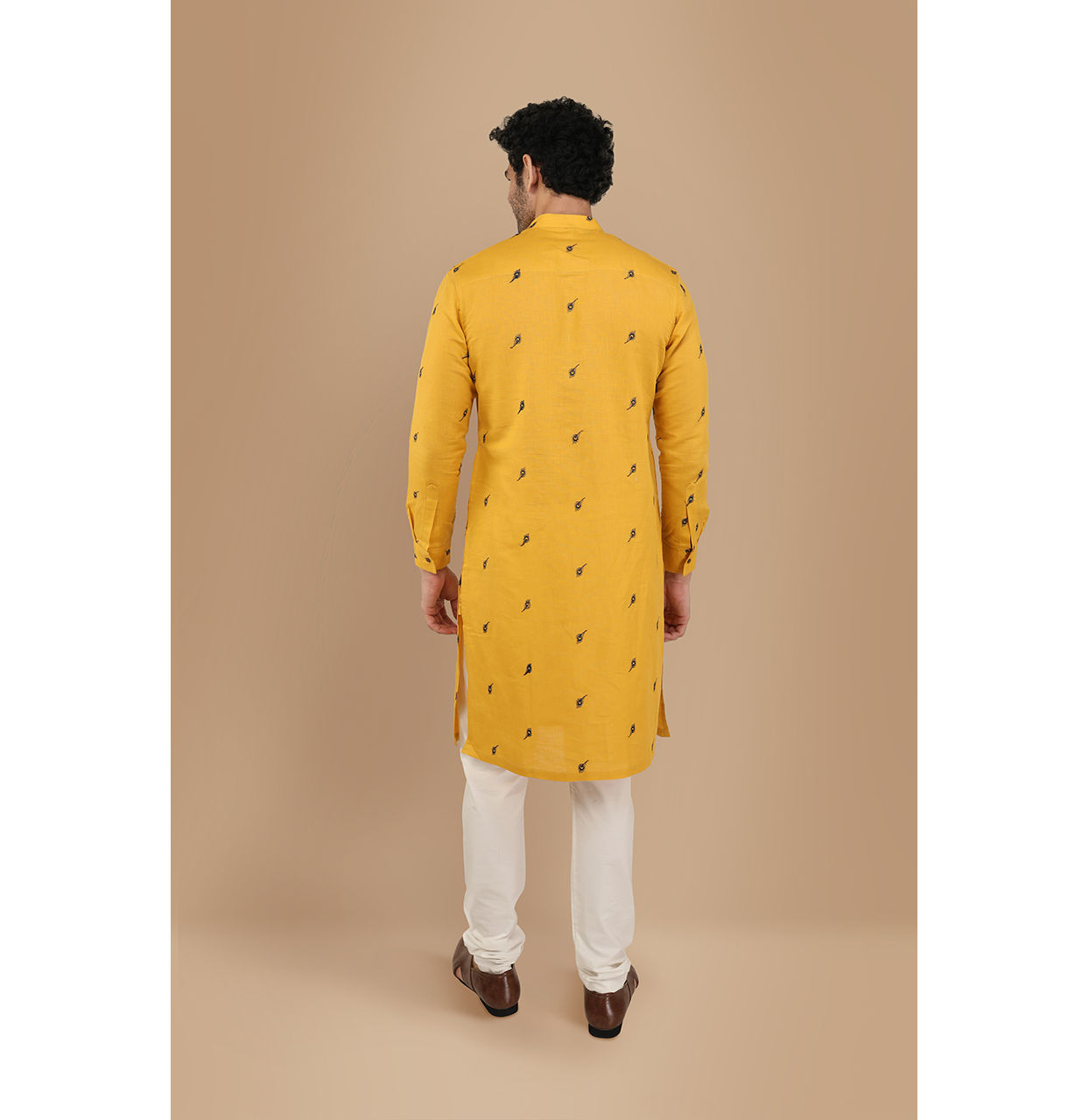 Manyavar Men Mustard Yellow Thread Embroidered Kurta