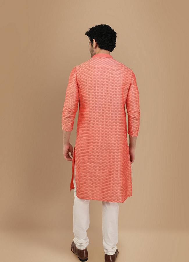 Manyavar Men Rust Pink Self Design Kurta Set