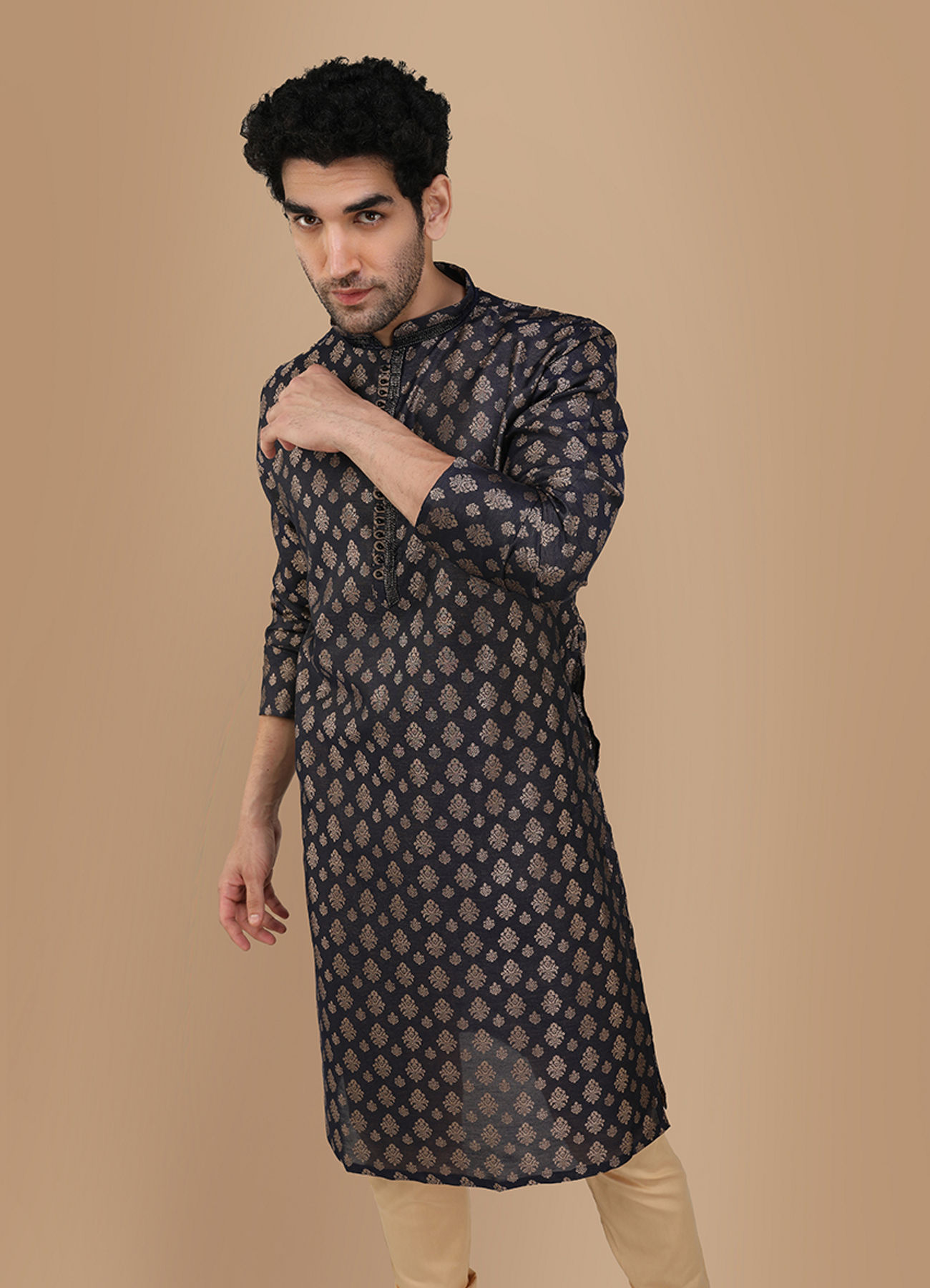 Manyavar Men Royal Blue Jacquard Kurta Set