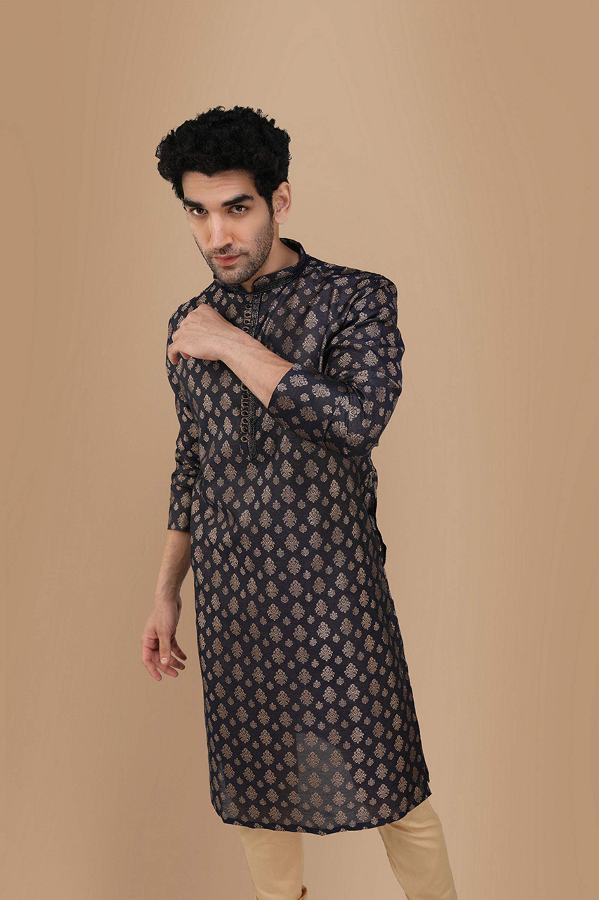 Manyavar Men Royal Blue Jacquard Kurta Set