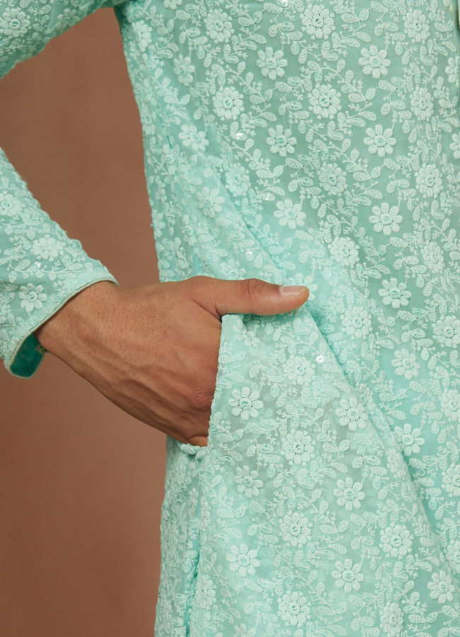 Manyavar Men Seafoam Green Chikankari Kurta Pajama