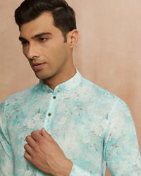 Manyavar Men Aqua Green Floral Print Kurta