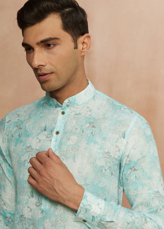 Manyavar Men Aqua Green Floral Print Kurta