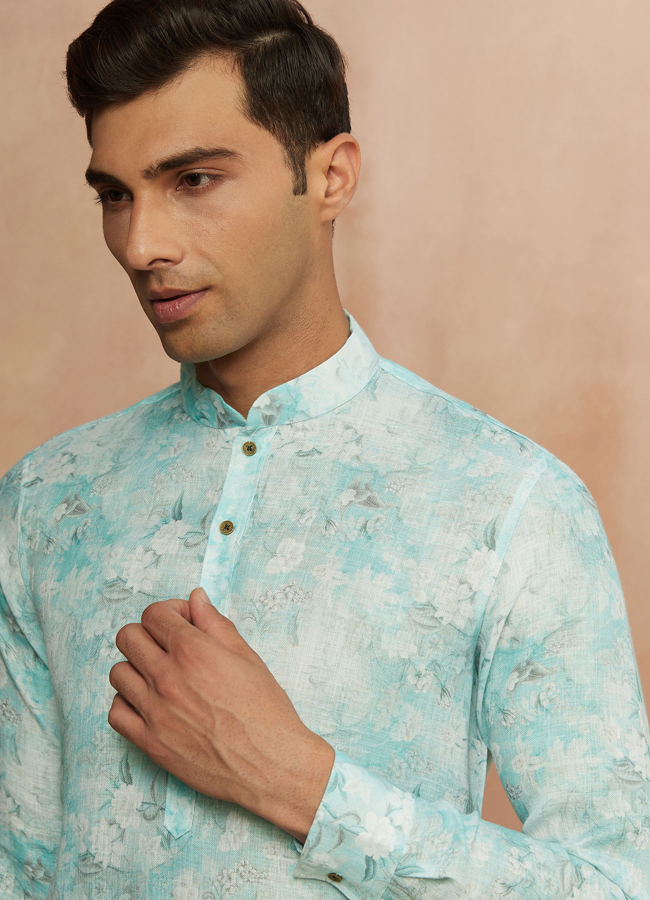 Manyavar Men Aqua Green Floral Print Kurta