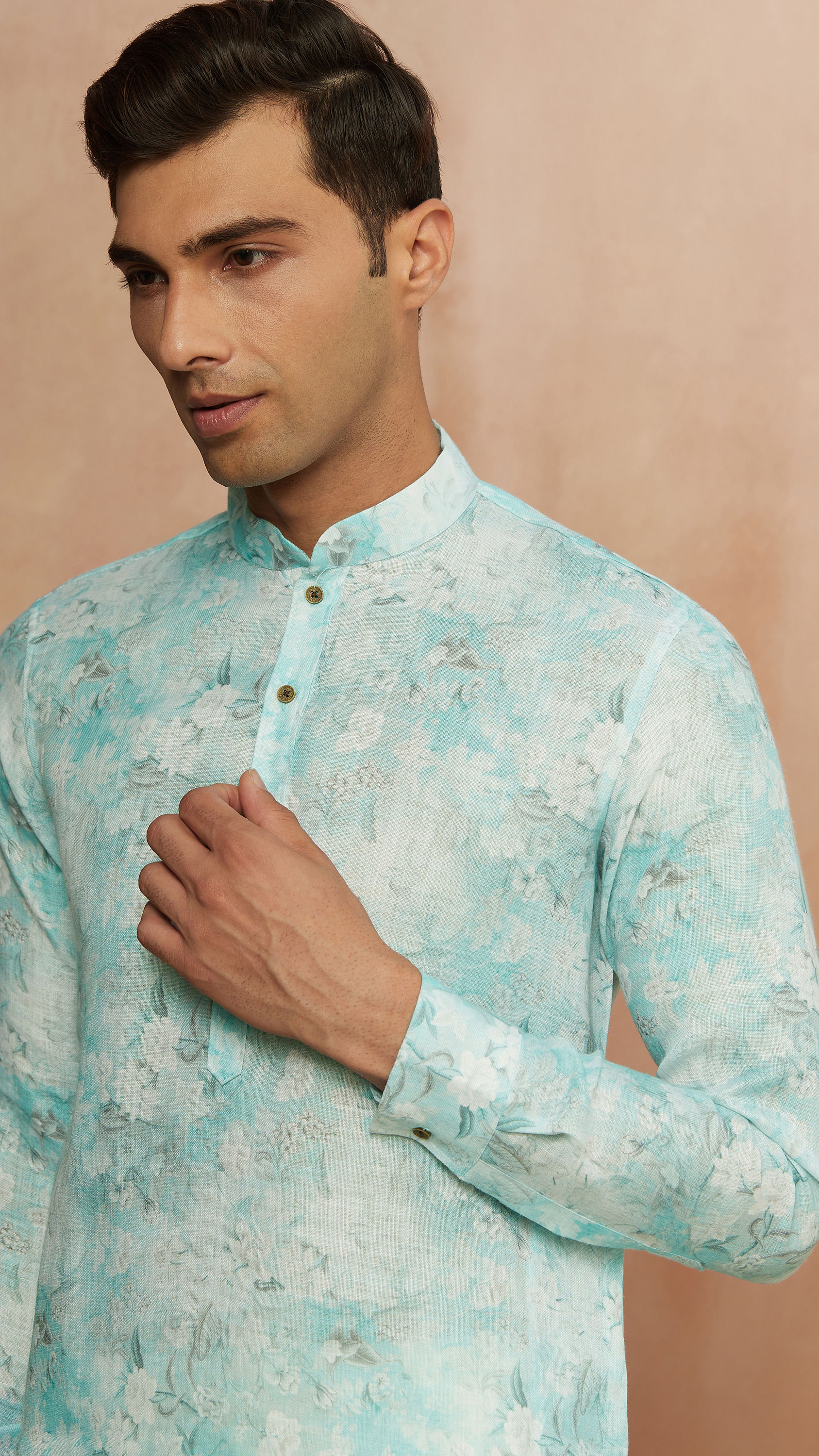 Manyavar Men Aqua Green Floral Print Kurta