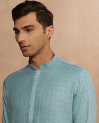 Manyavar Men Teal Blue Chequered Kurta Pajama