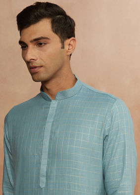 alt message - Manyavar Men Teal Blue Chequered Kurta Pajama image number 0