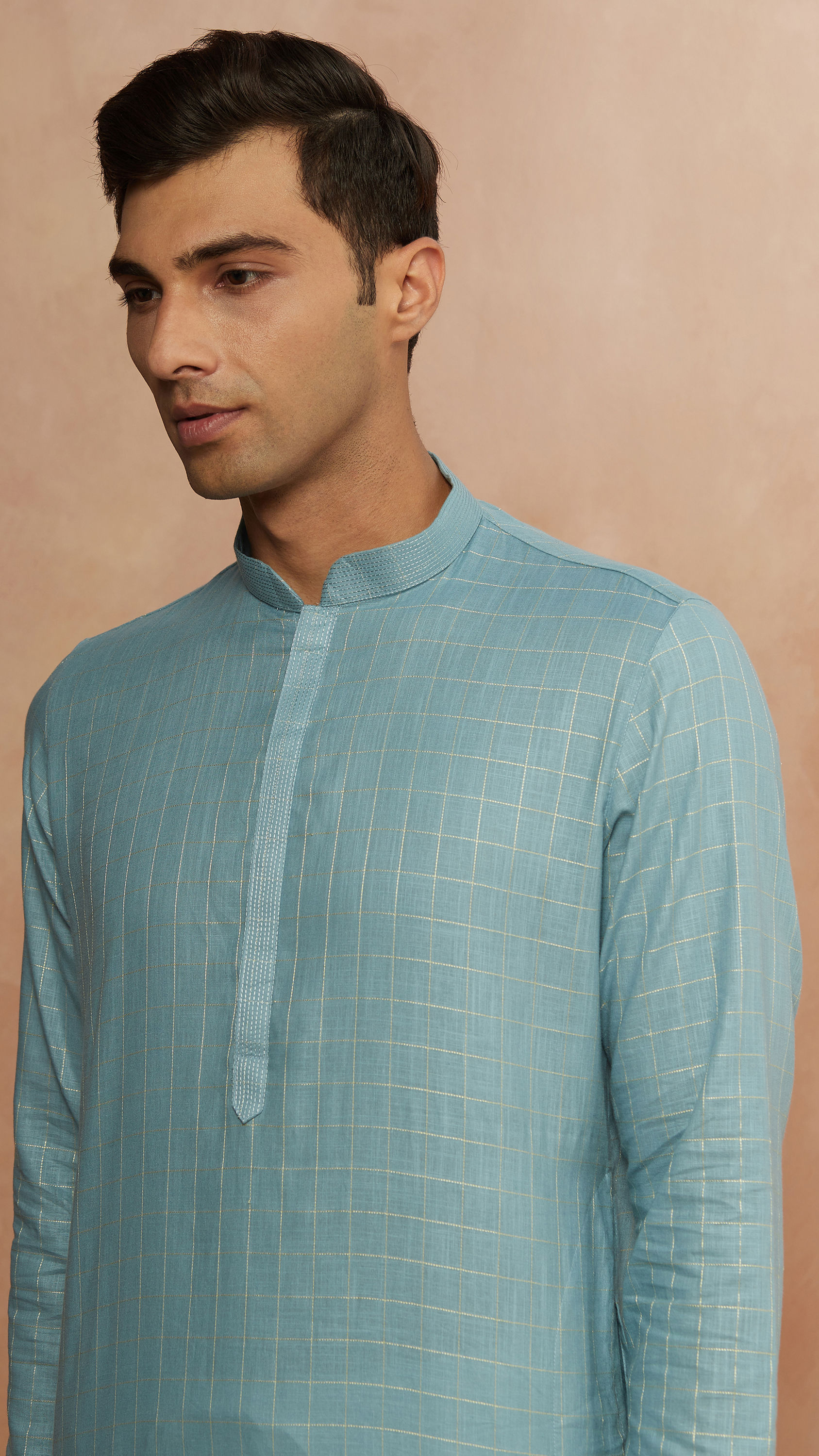 Manyavar Men Teal Blue Chequered Kurta Pajama