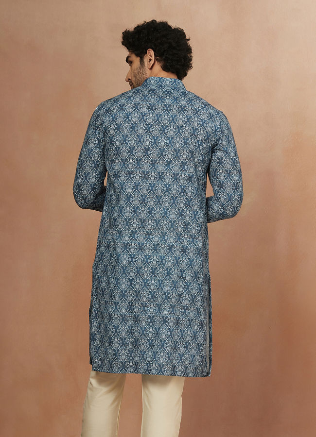 Manyavar Men Sapphire Blue Printed Kurta