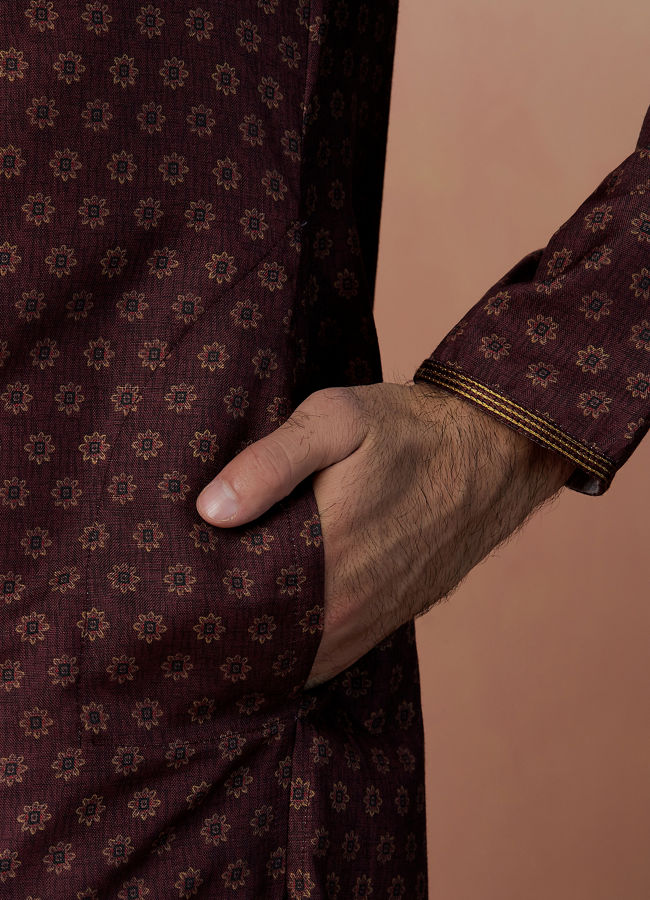 Manyavar Men Wine Floral Print Kurta Set