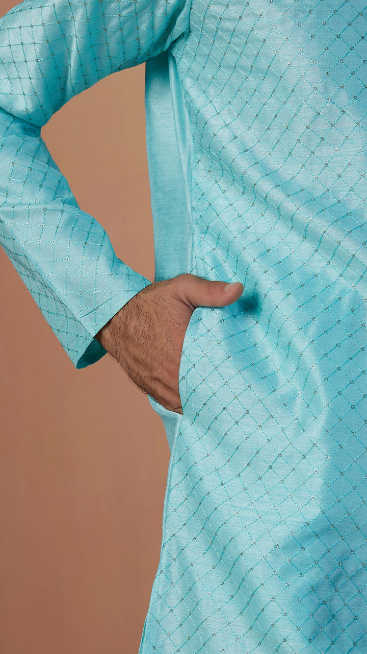 Manyavar Men Sea Green Embroidered Kurta Set