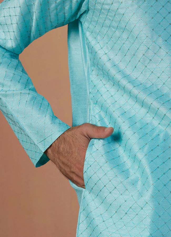 Manyavar Men Sea Green Embroidered Kurta Set