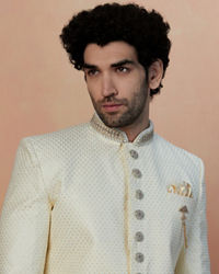 Manyavar Men Off White Sequins Embroidered Indo Western