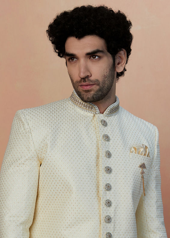 Manyavar Men Off White Sequins Embroidered Indo Western