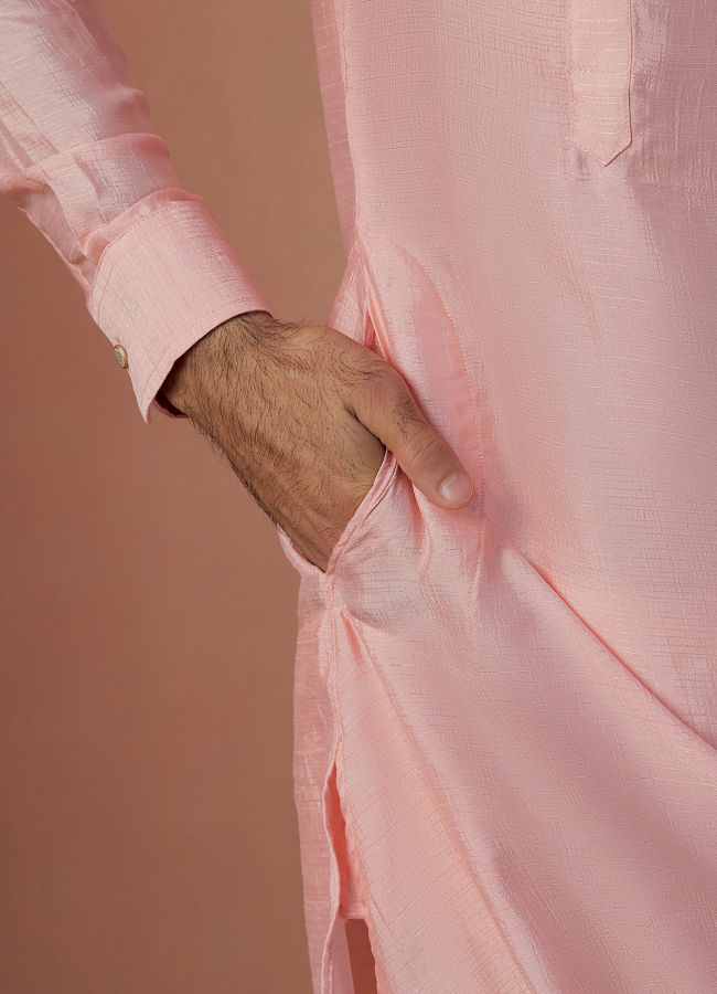 Manyavar Men Pink Solid Side Open Kurta Pajama