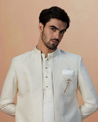 Manyavar Men Off White Self Design Jacket Indo Western