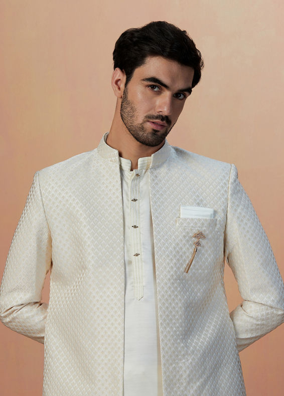 Manyavar Men Off White Self Design Jacket Indo Western