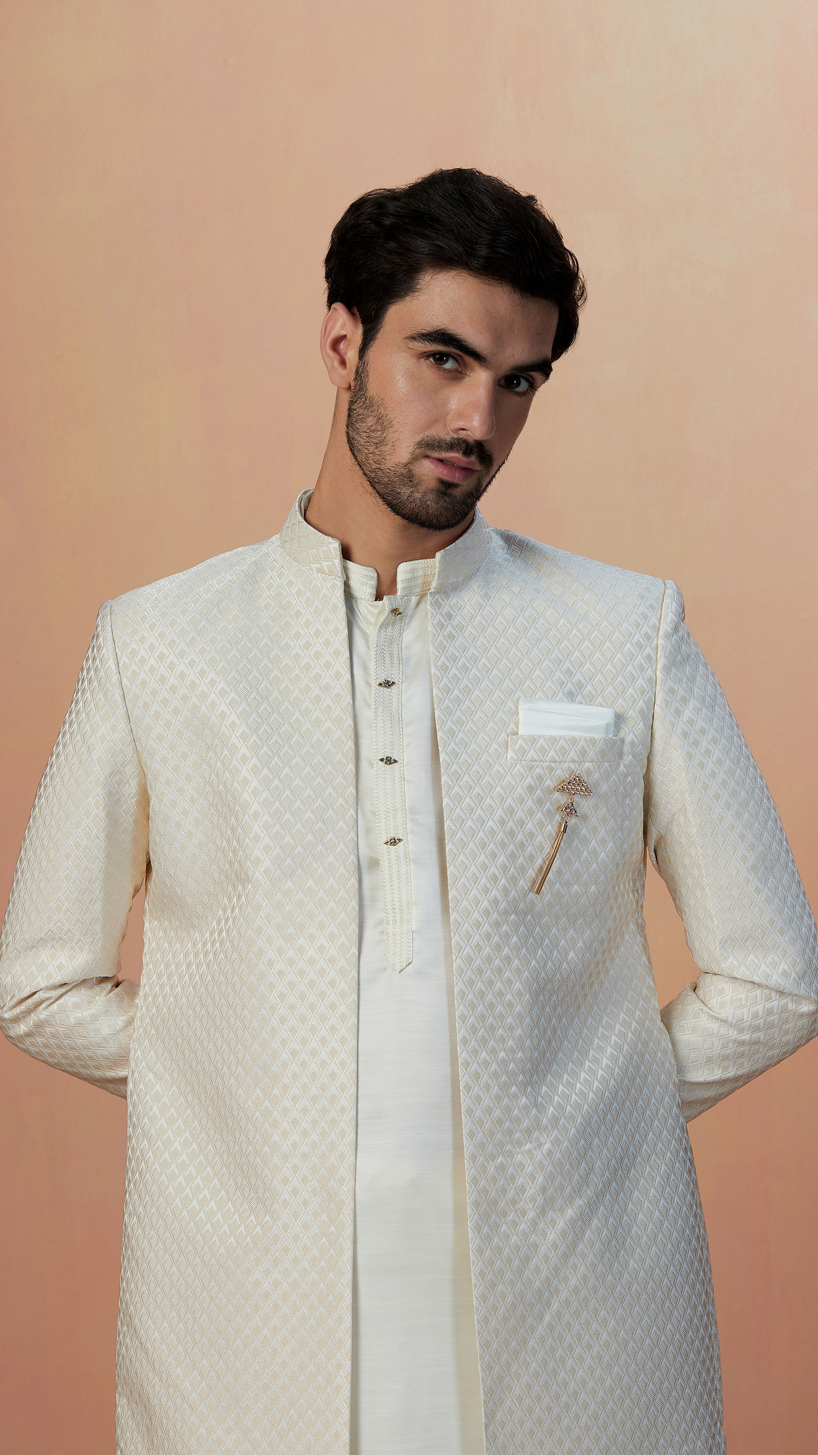 Manyavar Men Off White Self Design Jacket Indo Western