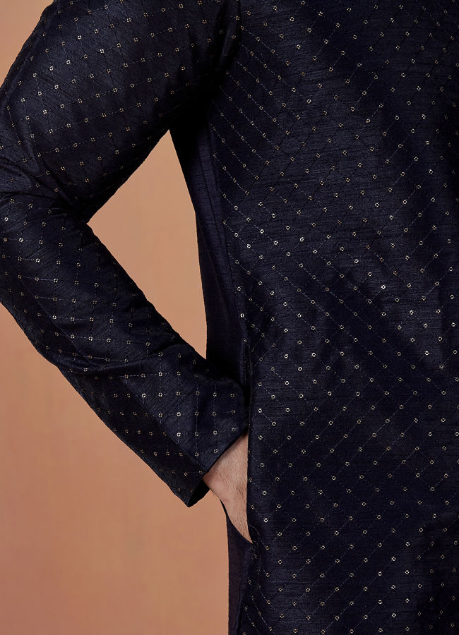 Manyavar Men Dark Blue Sequins Embroidered Kurta Pajama