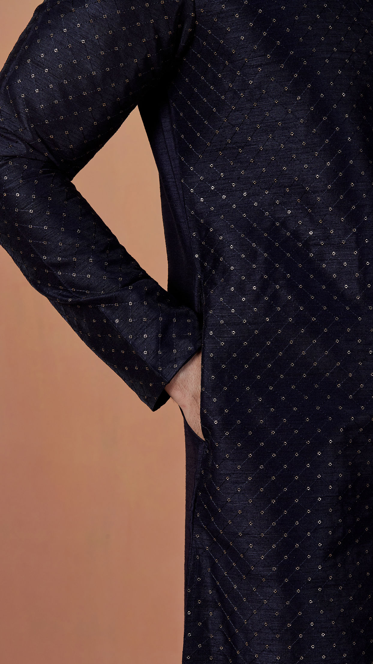 Manyavar Men Dark Blue Sequins Embroidered Kurta Pajama