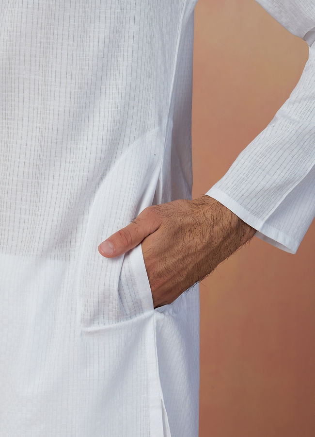 Manyavar Men White Self Striped Kurta Pajama