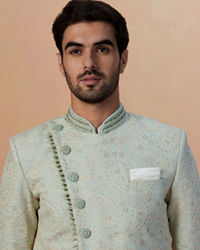 Manyavar Men Sage Green Self Design Indo Western