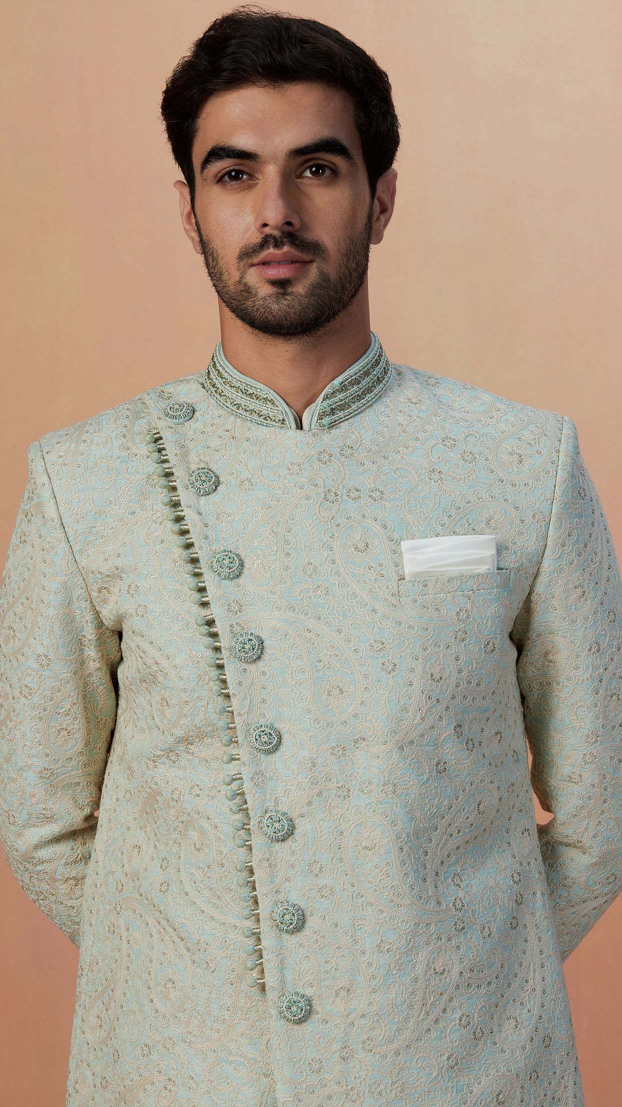 alt message - Manyavar Men Sage Green Self Design Indo Western image number 0