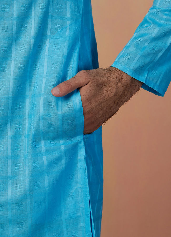 Manyavar Men Sky Blue Self Chequered Kurta Pajama image number 2