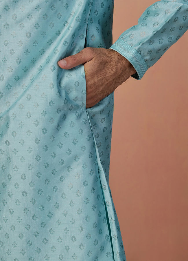 alt message - Manyavar Men Sea Green Kurta Pajama With Golden Motifs image number 2