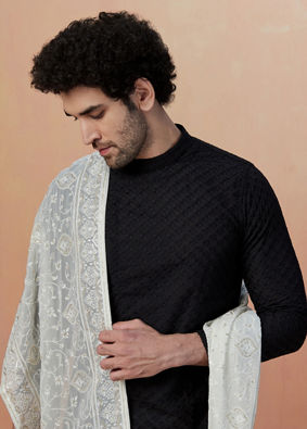 alt message - Manyavar Men Black Chikankari Embroidered Kurta Pajama image number 0